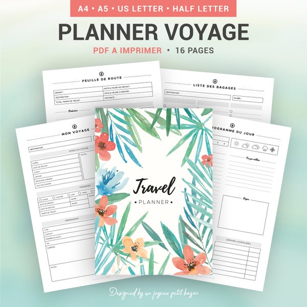 Planner voyage à imprimer pour organiser les séjours et les plannings de vacances, insert en français pour planner A5 ou A4