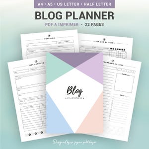 Peut inclure: Un planificateur de blog imprimable avec un design géométrique coloré. Le planificateur comprend des pages pour planifier les articles de blog, programmer le contenu et suivre les progrès. La couverture présente le texte "Blog Planner" en noir.