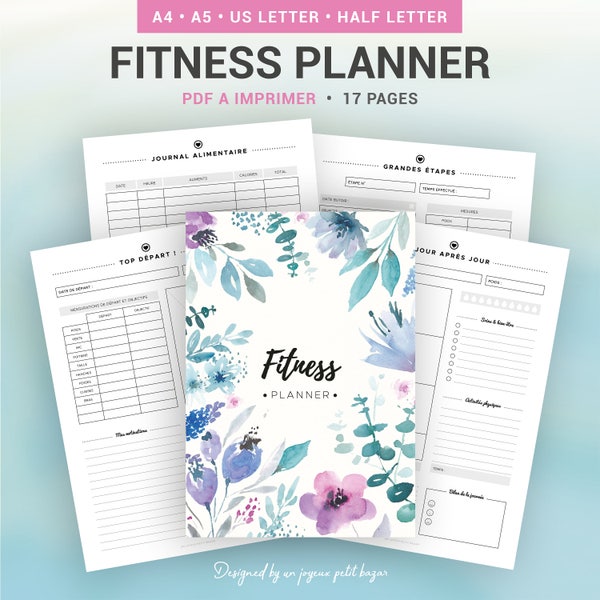 Planner fitness à imprimer pour le suivi de régime perte de poids, objectif bien-être et journal alimentaire, insert pour organiseur A4 & A5