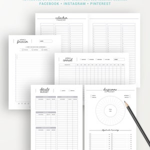 May include: A printable budget planner with sections for a financial calendar, annual overview, details of budget, and a budget diagram. The planner includes sections for income, expenses, and savings.