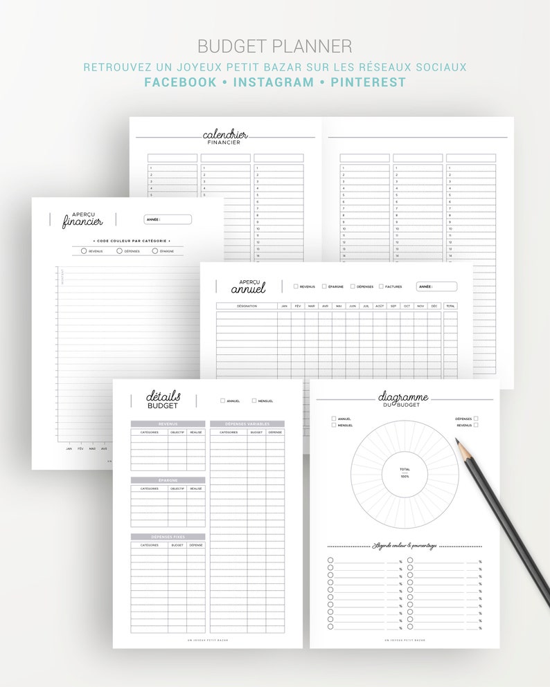 May include: A printable budget planner with sections for a financial calendar, annual overview, details of budget, and a budget diagram. The planner includes sections for income, expenses, and savings.