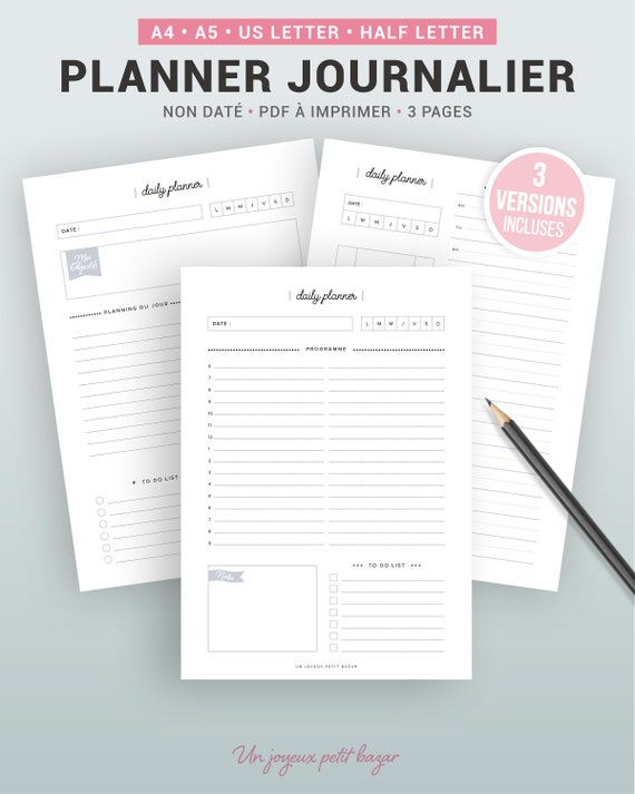 Perpetual Daily Planner to Print, Undated Insert for A5 or A4 Planner  Refill in French, 3 Different Layouts Included 