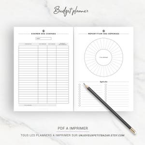 May include: A printable budget planner with two pages. The left page is a table for tracking expenses with columns for designation, monthly cost, annual cost, and payment frequency. The right page has a pie chart for visualizing expenses and a list for creating a legend.