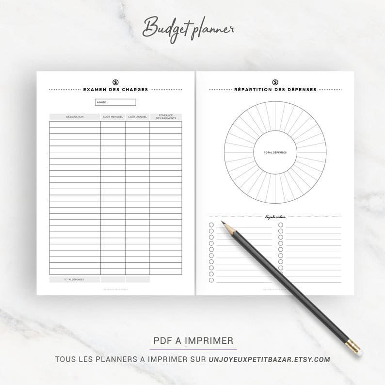 May include: A printable budget planner with two pages. The left page is a table for tracking expenses with columns for designation, monthly cost, annual cost, and payment frequency. The right page has a pie chart for visualizing expenses and a list for creating a legend.