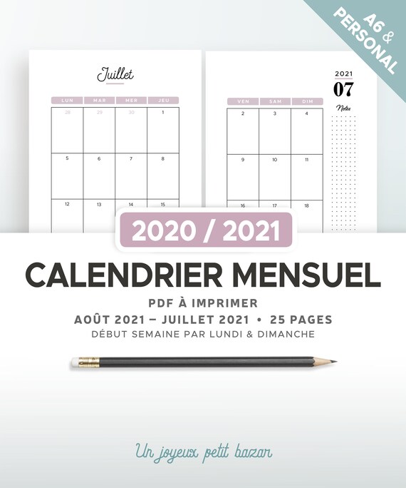 Calendrier Mensuel 2020 2021 Imprimable Recharge A Imprimer Etsy