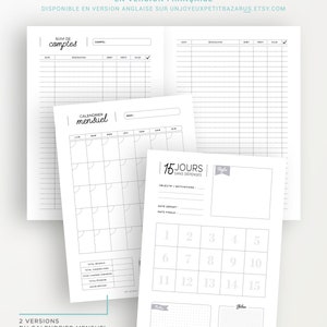 May include: A printable budget planner in French with two versions of a monthly calendar, one starting on Monday and the other on Sunday. The planner includes a 15-day no-spend challenge tracker, a budget tracker, and a notes section.