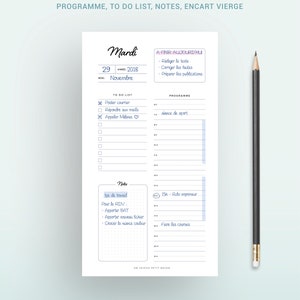 Może przedstawiać: Drukowana strona dziennego planera w niebiesko-białym kolorze. Strona nosi tytuł "Mardi" i zawiera sekcje "To Do List", "Program" i "Notatki". Data to 29 listopada 2018.