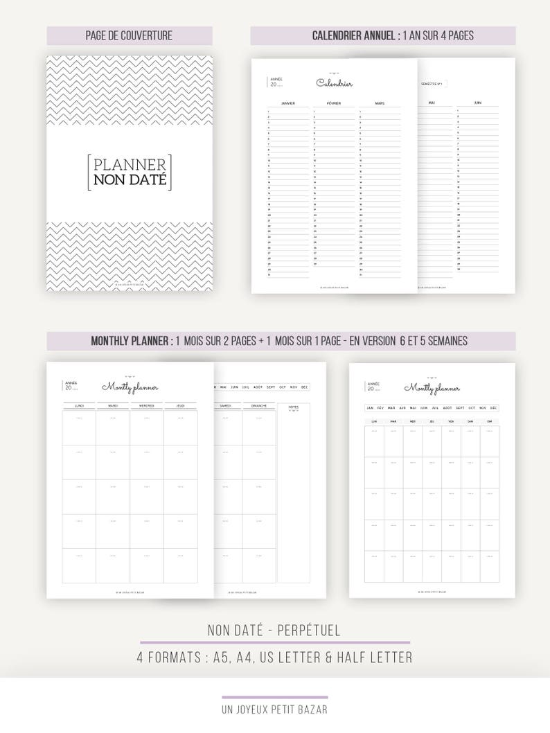PACK PLANNER NOT Dated Perpetual Printable inserts Yearly calendar, monthly planner, week, day, schedule, schedule, notes image 2
