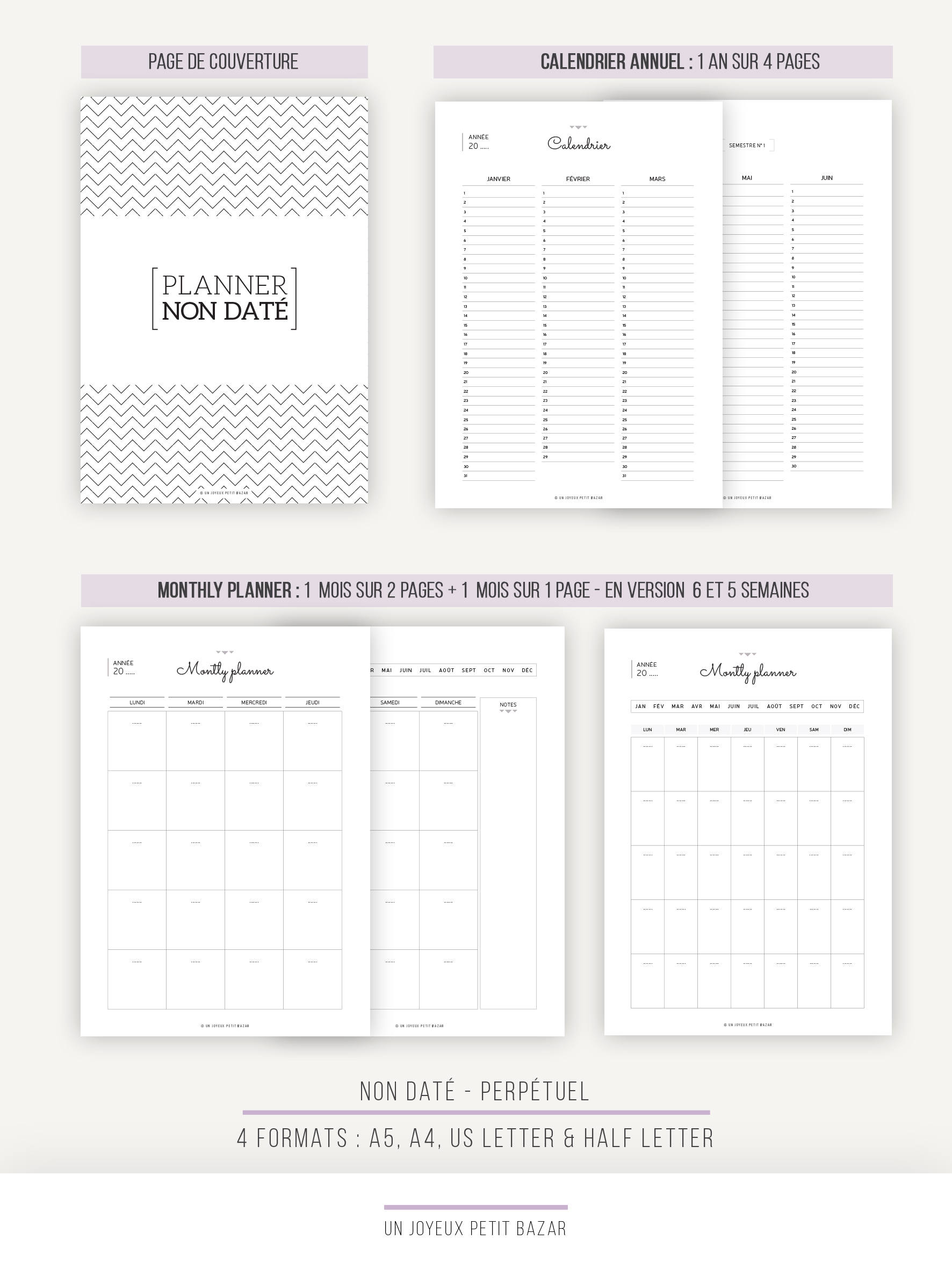 PACK PLANNER NON Daté Perpétuel Inserts à imprimer Calendrier annuel