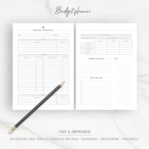 May include: A printable budget planner in French. The planner includes sections for monthly income, expenses, and savings goals. It also has a section for setting financial goals and taking action steps.