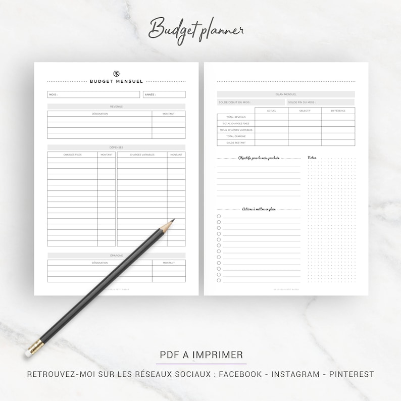 May include: A printable budget planner in French. The planner includes sections for monthly income, expenses, and savings goals. It also has a section for setting financial goals and taking action steps.