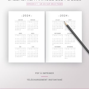 May include: A printable calendar for the years 2024 and 2025. The calendar is in French and features a simple design with black text on a white background. The calendar is divided into two pages, with each page showing six months. The text "CALENDRIER ANNUEL 2024 & 2025" is at the top of the page, and the text "VERSION #1: UN AN SUR DEUX PAGES" is below it. The text "PDF &Agrave; IMPRIMER" is at the bottom of the page, and the text "T&Eacute;L&Eacute;CHARGEMENT INSTANTAN&Eacute;" is below it. The text "RETROUVEZ TOUS LES PLANNERS SUR UNJOYEUXPETITBAZAR.ETSY.COM" is at the bottom of the page.