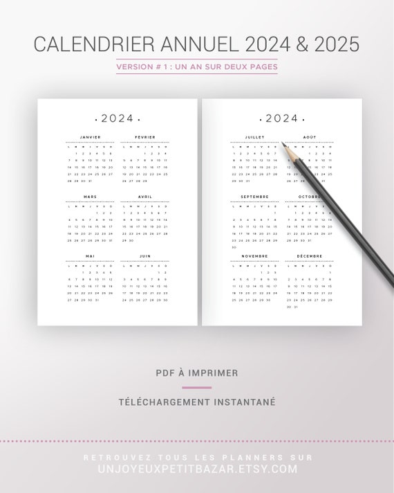 2024 and 2025 Annual Calendar to Print and Annual Notes Page, Year  Presented on 1 or 2 Pages, Insert for Planner A4 and A5 Format 