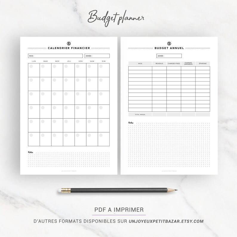 May include: A printable budget planner with two pages. The first page is a calendar with a section for notes. The second page is a yearly budget tracker with sections for income, expenses, and savings. The text on the page reads "Budget planner", "Calendrier Financier", "Budget Annuel", "PDF a Imprimer", and "D'autres formats disponibles sur unjoyeuxpetitbazaar.etsy.com".