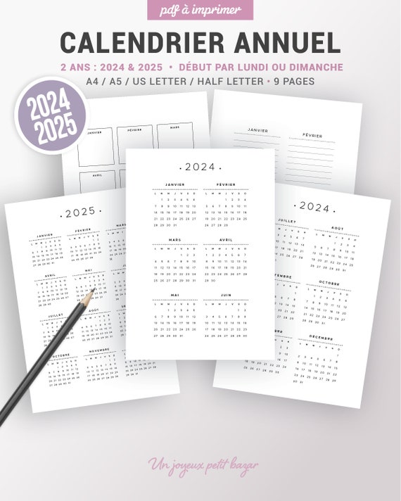 Kit agenda journalier 2024 à imprimer incluant calendrier annuel