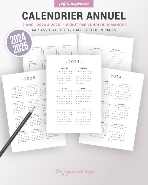 2024 and 2025 Annual Calendar to Print and Annual Notes Page, Year  Presented on 1 or 2 Pages, Insert for Planner A4 and A5 Format 