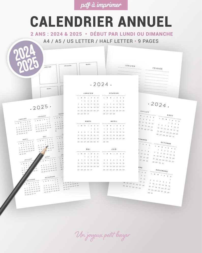 Calendrier annuel 2024 et 2025 à télécharger et à imprimer en français