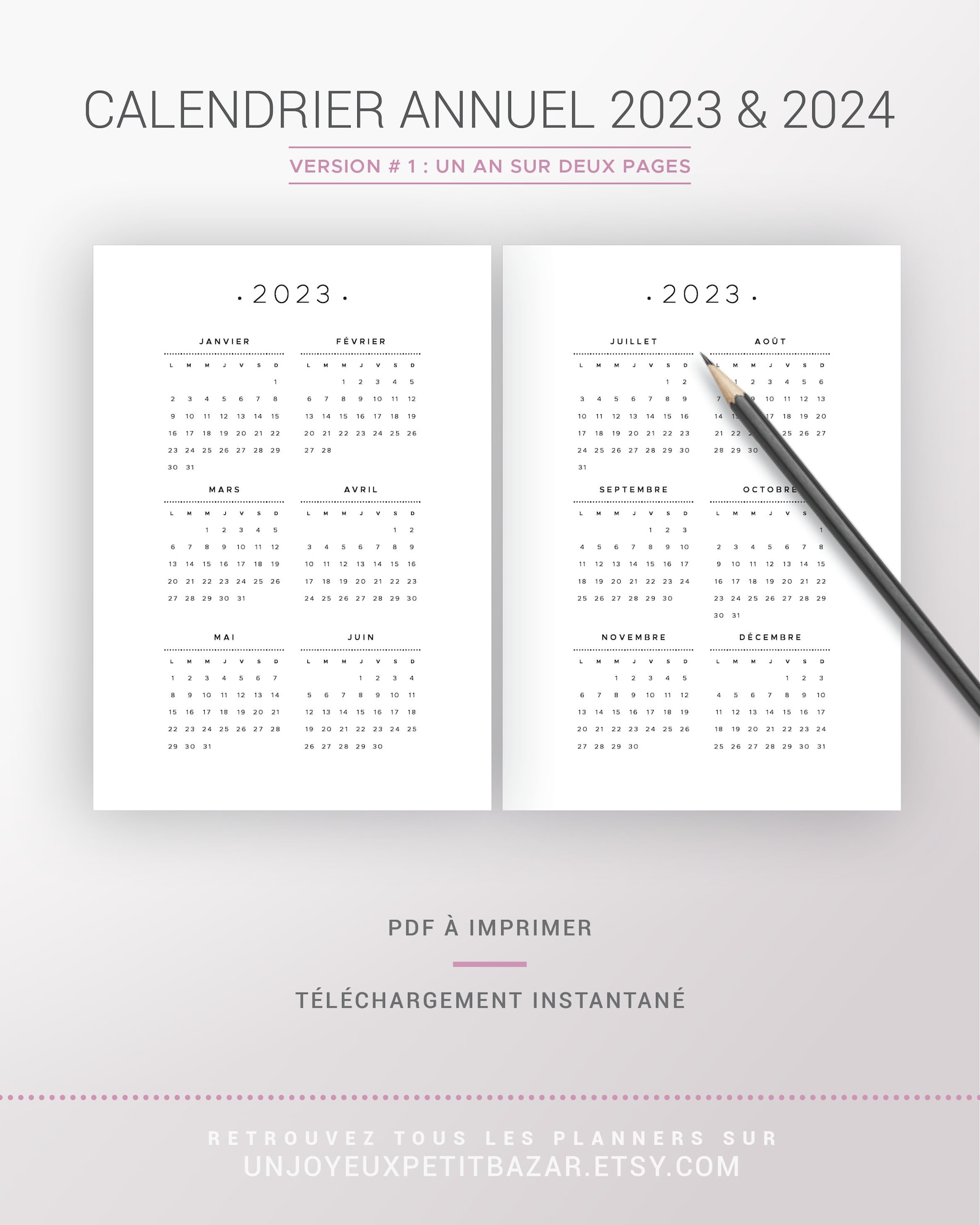 Calendrier annuel 2023 et 2024 à imprimer et page de notes | Etsy
