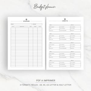 May include: A printable budget planner in French. The planner is divided into two sections: "&Eacute;pargne" (savings) and "Credits". Each section has a table with columns for date, description, debit, credit, and balance.