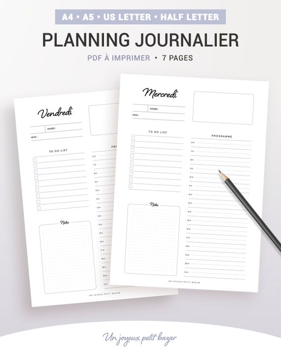 Undated Daily Planner to Print for A5 and A4 Perpetual Planner Refill in  French, 7 Pages With Planning, Notes and to Do List 