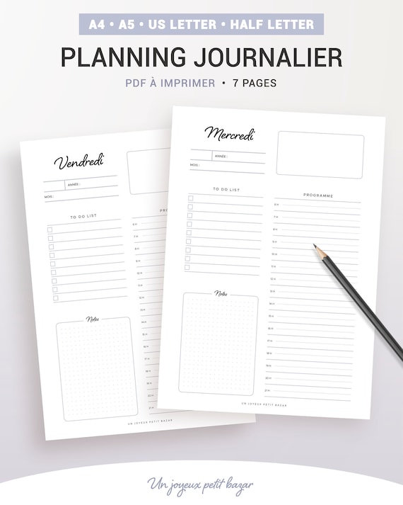 Undated Daily Planner to Print for A5 and A4 Perpetual Planner Refill in  French, 7 Pages With Planning, Notes and to Do List 