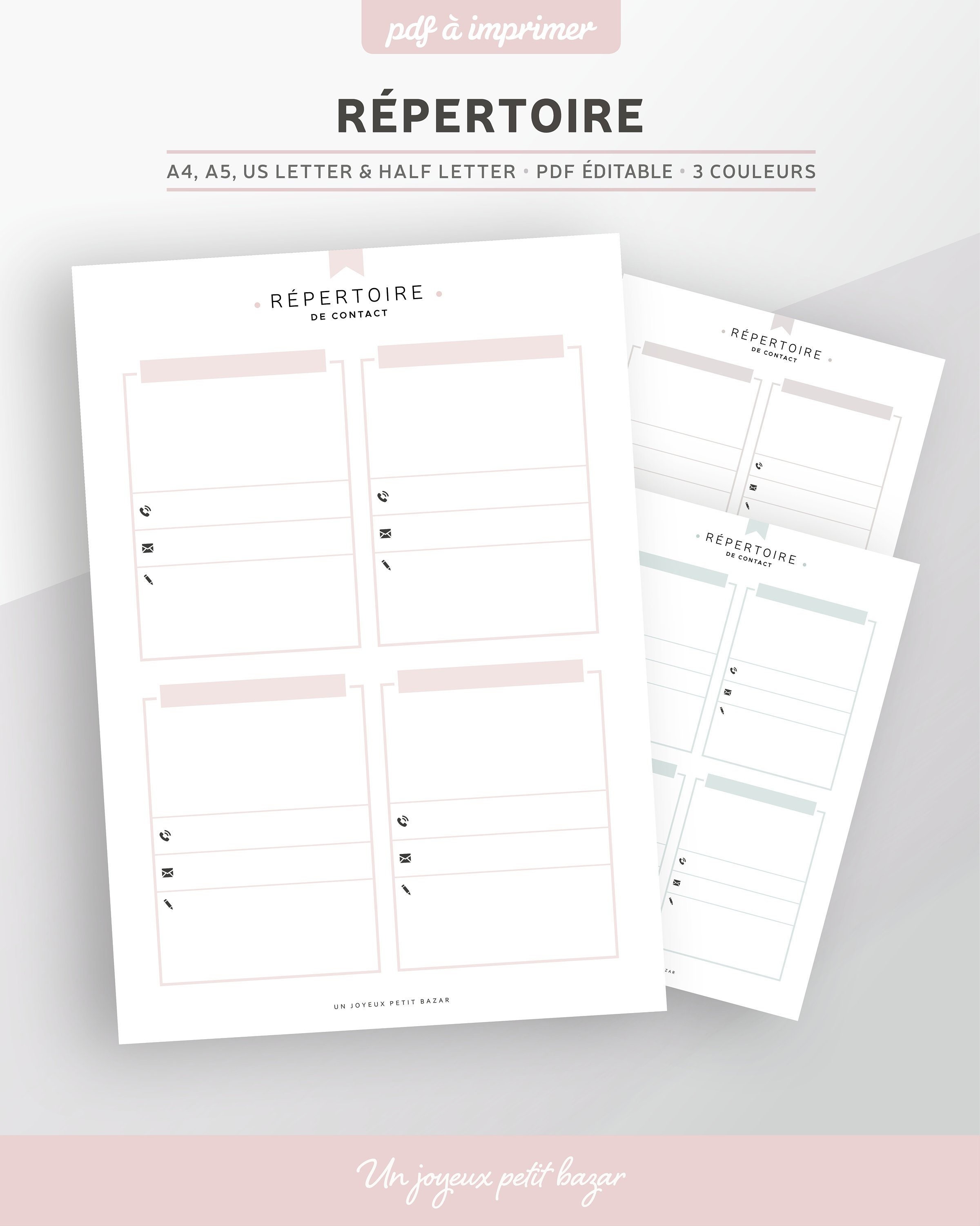 Telephone Directory & Address Book to Print, Editable PDF, A5 or A4 Planner  Refill in French, 3 Colors: Pink, Mint, Gray 