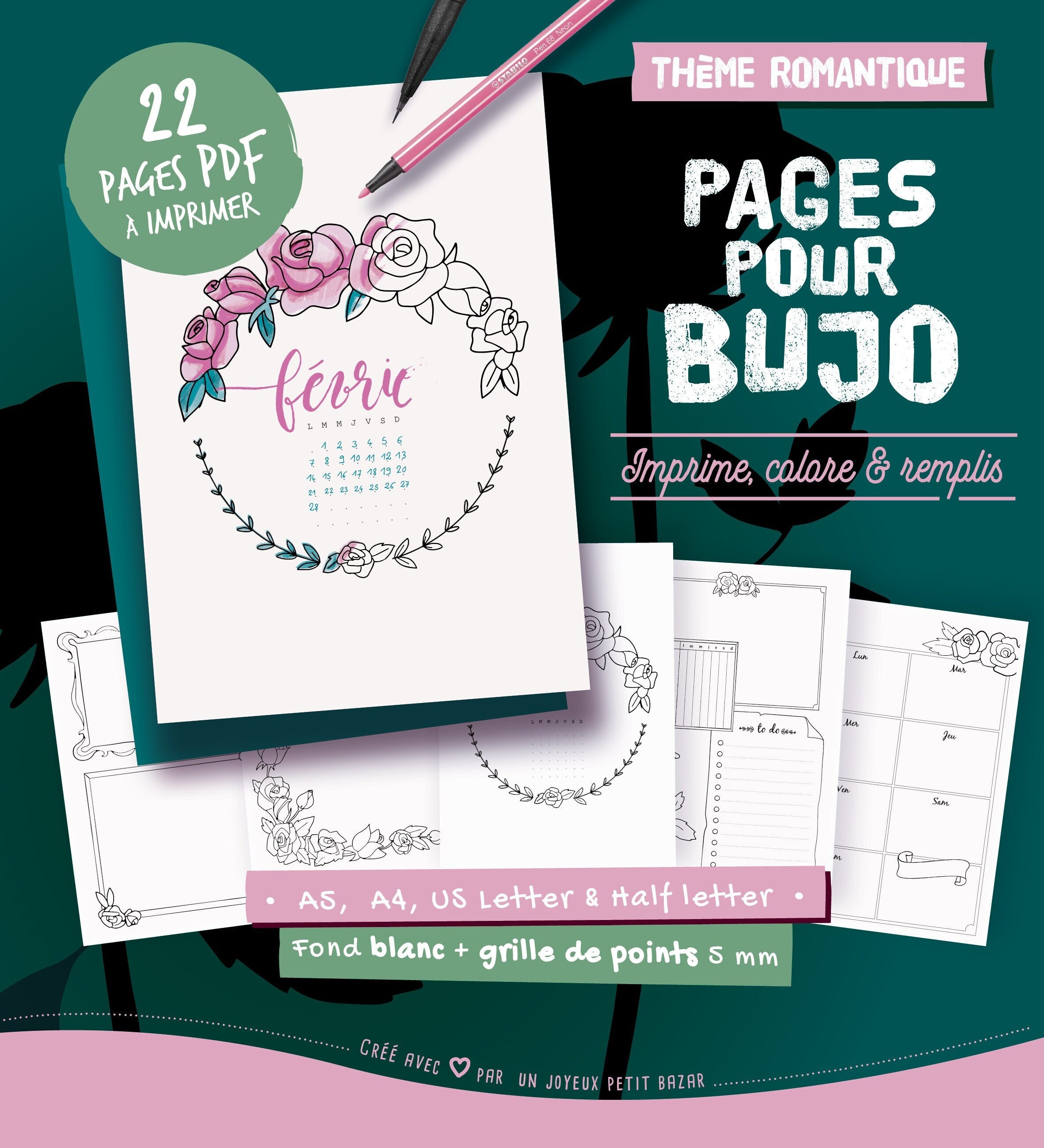 Pages illustrées et imprimables en français, thème romantique & roses, à  colorier, calendriers, planners et pages à personnaliser, A4, A5 -   France