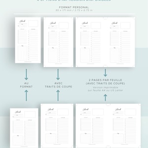 Może przedstawiać: Drukowany szablon tygodniowego planera w trzech r&oacute;żnych formatach: A6, osobisty i z liniami cięcia dla papieru A4 lub US Letter. Planer zawiera sekcję na każdy dzień tygodnia, z miejscem na notatki i zadania. Szablon jest przeznaczony do wydrukowania i użycia jako tygodniowy planer.