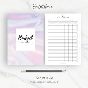 May include: A printable budget planner with a holographic cover featuring the text "Budget Planner". The planner includes a page for tracking accounts with columns for date, description, debit, credit, and balance.