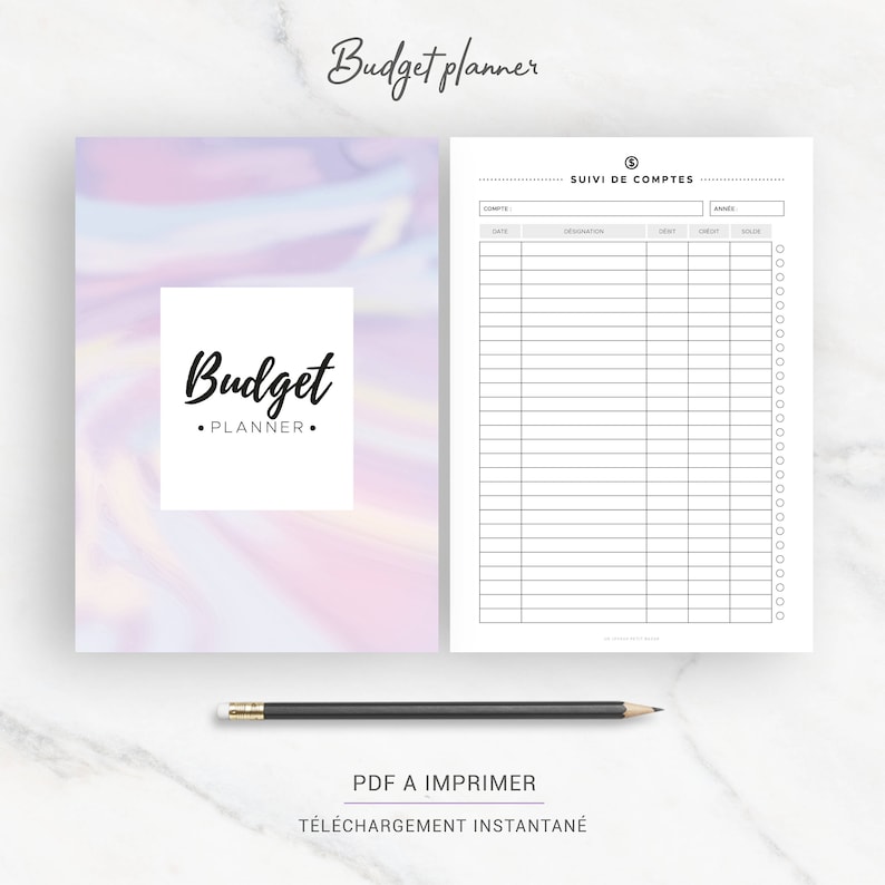 May include: A printable budget planner with a holographic cover featuring the text "Budget Planner". The planner includes a page for tracking accounts with columns for date, description, debit, credit, and balance.