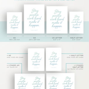 May include: A printable budget planner with the text "Stay positive work hard make it happen" in light blue text on a white background. The planner is available in four sizes: A5, A4, US Letter, and Half Letter.