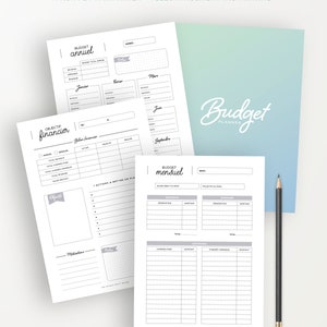 May include: A printable budget planner in French. The planner includes sections for annual and monthly budgets. The cover features the text "Budget Planner" in a light blue and green gradient.