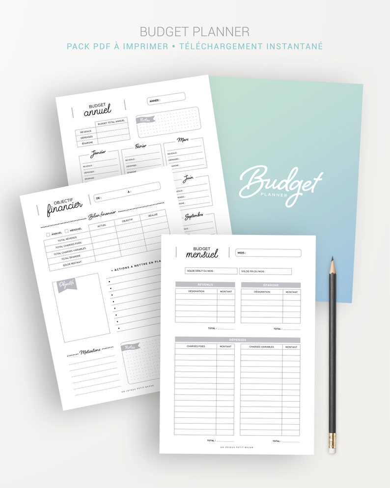 May include: A printable budget planner in French. The planner includes sections for annual and monthly budgets. The cover features the text "Budget Planner" in a light blue and green gradient.