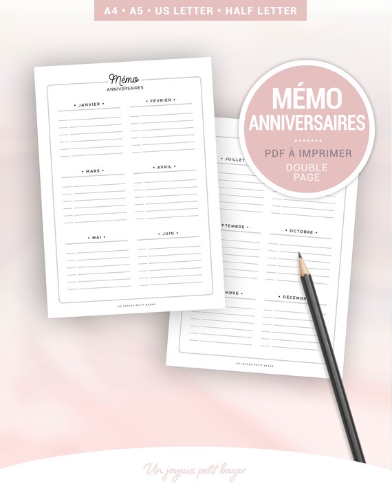 Memo Calendrier Anniversaire A Imprimer Pour Le Suivi Des Etsy