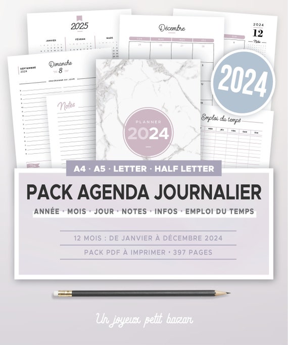 Kit agenda journalier 2024 à imprimer incluant calendrier annuel