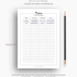 May include: A printable password log template with the title "Memo Mots de Passe" and the text "Version #2" in the bottom left corner. The template has columns for account name, username, password, and notes.