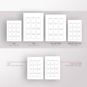 May include: Four printable calendar templates in different sizes: A5 (5.8 x 8.3 inches), A4 (8.3 x 11.7 inches), US Letter (8.5 x 11 inches), and Half Letter (5.5 x 8.5 inches). Each template features a grid of 12 blank squares for monthly planning.