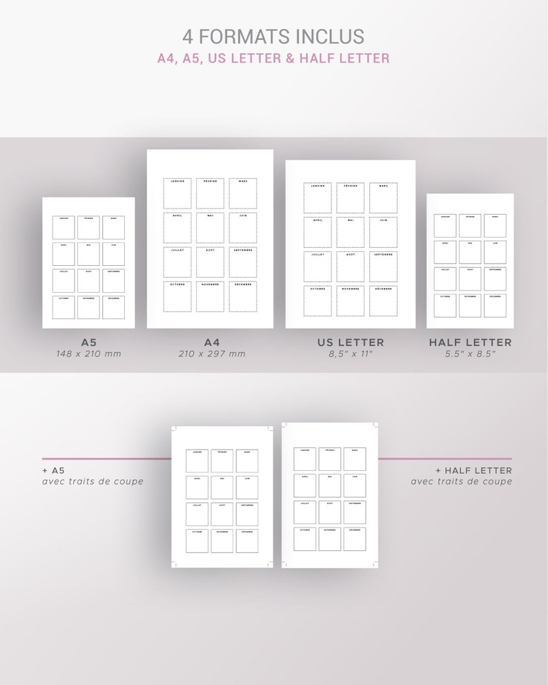 May include: Four printable calendar templates in different sizes: A5 (5.8 x 8.3 inches), A4 (8.3 x 11.7 inches), US Letter (8.5 x 11 inches), and Half Letter (5.5 x 8.5 inches). Each template features a grid of 12 blank squares for monthly planning.