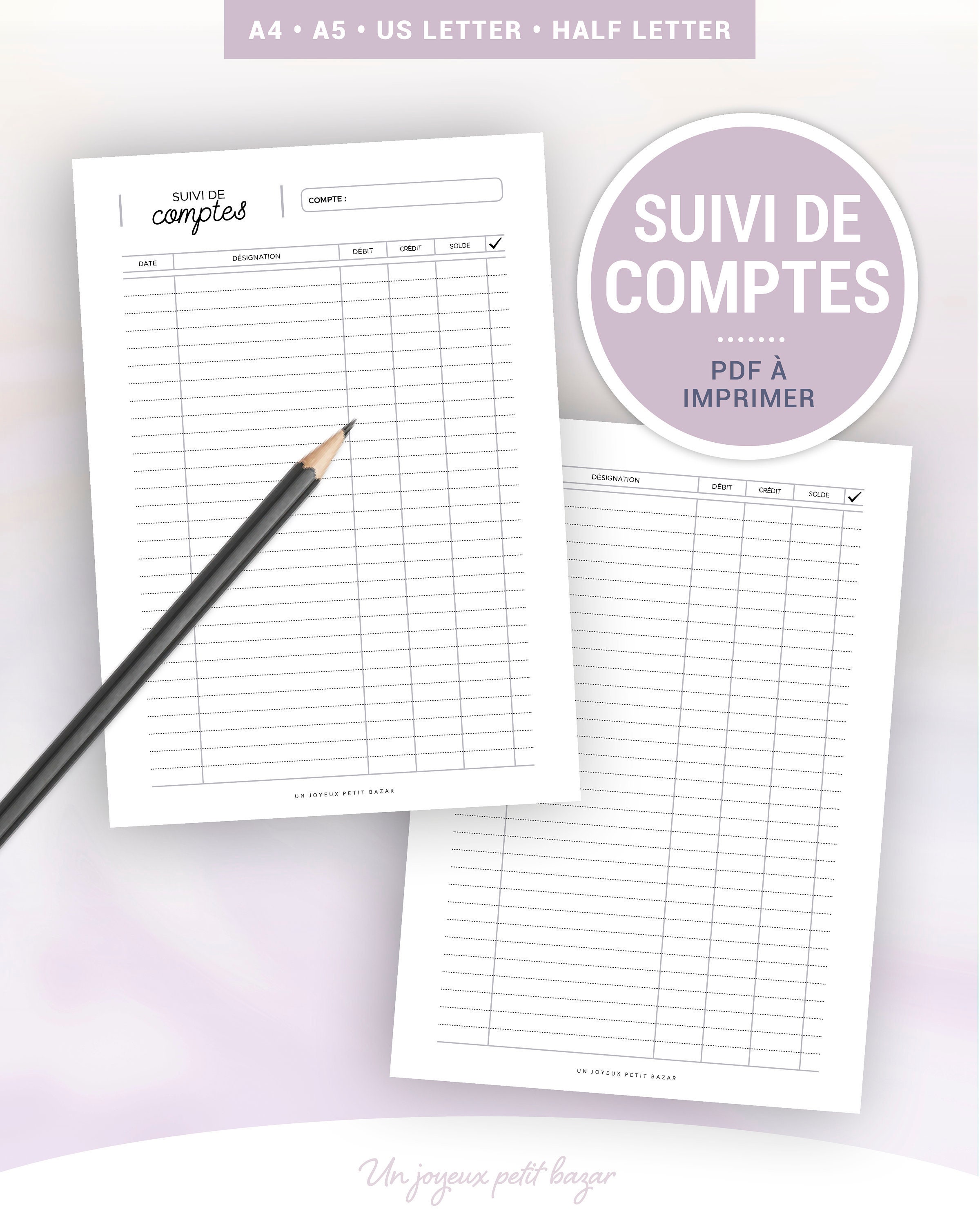 Follow-up of Accounts to Be Printed for Budget and Accounting Management,  Insert in French for A5 and A4 Planner 