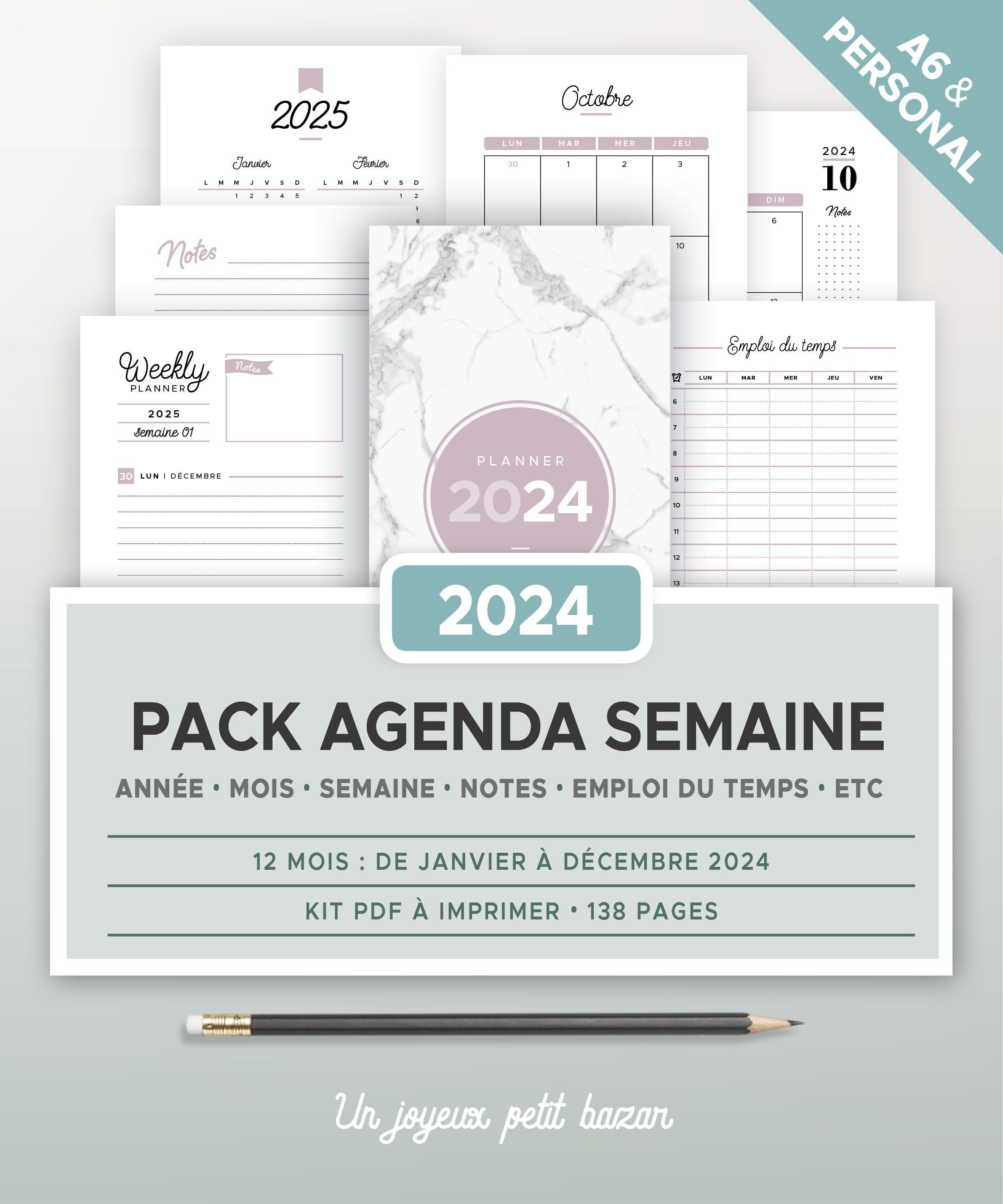 Calendrier annuel 2024 et 2025 imprimable, recharge à imprimer en français  pour planner format A5 et A4, page de notes pour aperçu annuel -   France