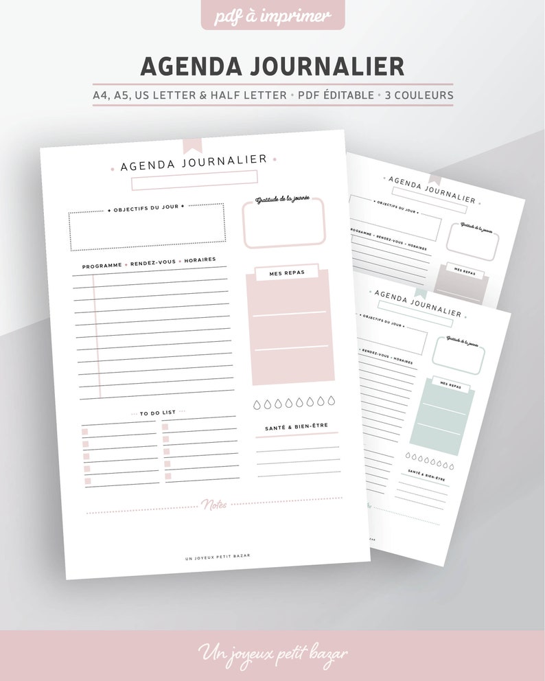 Agenda journalier non daté à imprimer, PDF éditable pour recharge planner A5 ou A4 en français, 3 coloris inclus : rose, menthe et gris image 1