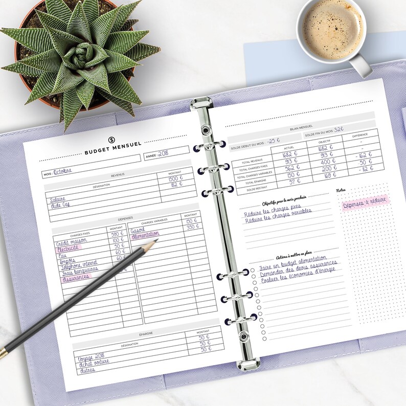 May include: A monthly budget planner with a purple cover. The planner has a section for income and expenses, as well as a section for tracking savings goals. The planner is open to the October 2018 page.