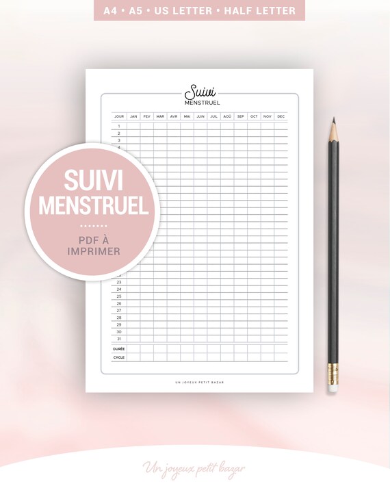 Suivi menstruel à imprimer pour noter les cycles d'ovulation et cycles périodiques, page en français pour bullet journal ou planner A5 & A4