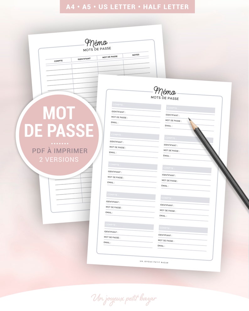Password memo to print for A5 and A4 planner, insert to note usernames and passwords of accounts or websites, 2 designs image 1