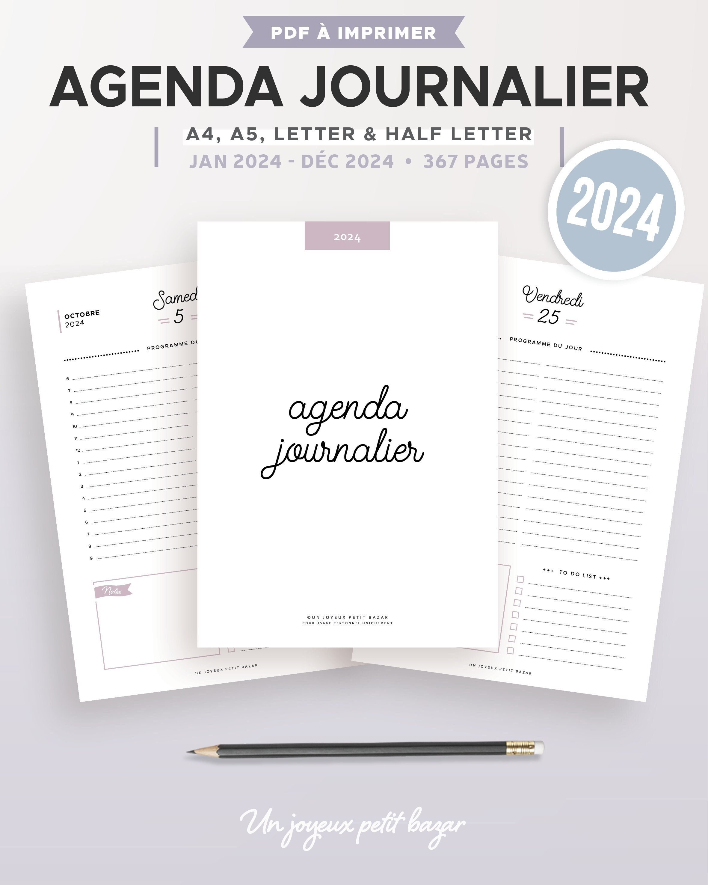 Agenda 2024: grand format A4 Planificateur journalier | 1 page par jour  avec heure (janvier 2024 décembre 2024 ) français (French Edition)