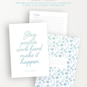 May include: A printable budget planner with a motivational quote: "Stay positive work hard make it happen". The planner has a blue and white pattern of piggy banks, magnifying glasses, calculators, and shopping carts.