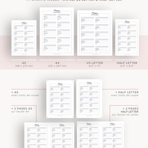 May include: Printable password log templates in four sizes: A4, A5, US Letter, and Half Letter. Each template features a simple design with the title "Mots de Passe" and lines for recording passwords.
