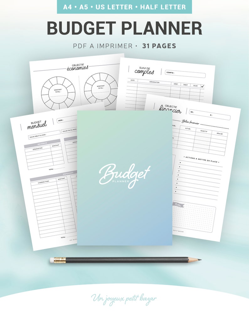 May include: A printable budget planner with a light blue cover and the text "Budget Planner" in a white cursive font. The cover also includes the text "Un joyeux petit bazar" in a smaller font. The planner includes pages for tracking monthly expenses, savings goals, and financial objectives.