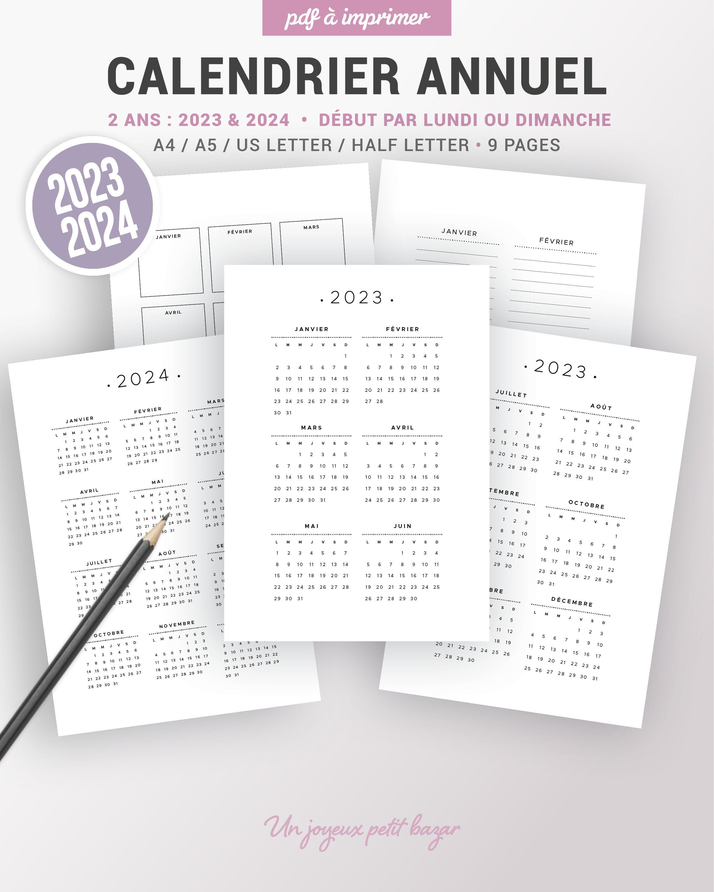 Calendrier annuel 2023 et 2024 à imprimer et page de notes | Etsy