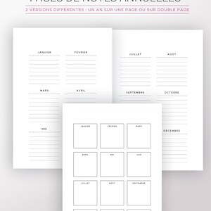 May include: Printable planner pages in French with two different layouts for organizing notes. One layout has a full page for each month, and the other layout has a smaller box for each month on a single page.